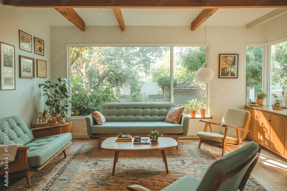 Fototapeta premium A vintage-inspired lounge filled with natural light, featuring stylish furniture that invites conversation and comfort.