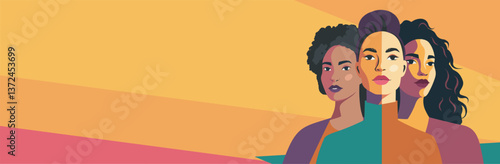 International women's day, gender equality, women's health and feminism. Women of different cultures and nationalities stand together. Vector concept of women empowerment. Vector flat banner template