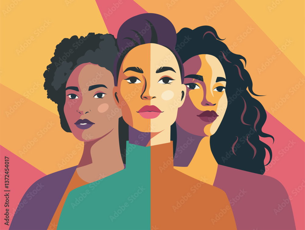 Vector flat banner template for gender equality holiday, women's day, women's health and feminism. Women of different cultures and nationalities stand together. Vector concept of women empowerment Vector flat banner template for gender equality holiday, women's day, women's health and feminism. Women of different cultures and nationalities stand together. Vector concept of women empowerment