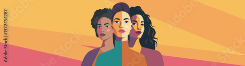 Vector flat illustration for women's day holiday, gender equality, women's health. Women of different cultures and nationalities stand together. Vector concept of women empowerment