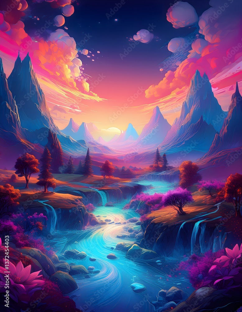 Obraz premium Vibrant river flows through a colorful mountain valley at sunset