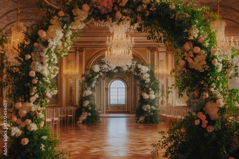 Fototapeta premium Elegant ballroom with crystal chandelier and flower arch, prepared for wedding ceremony, creating a luxurious and romantic atmosphere