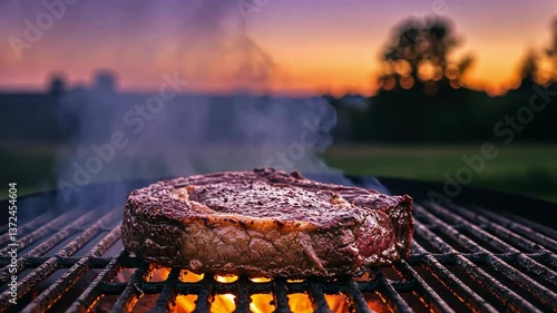 Perfectly grilled steak at sunset in a serene outdoor setting