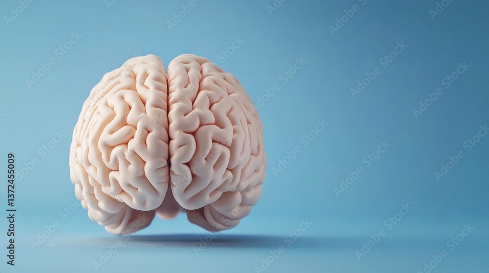 3D rendering of a human brain featuring gyri and sulci against a blue background with ample copy space, ideal for educational and creative content. 3D rendering of a human brain featuring gyri and sulci against a blue background with ample copy space, ideal for educational and creative content.