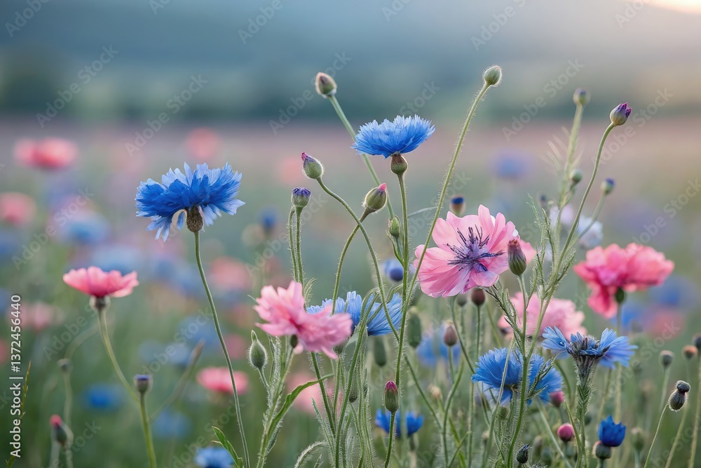 Vibrant Blue and Pink Poppy Flowers Bloom in Wildflower Meadow Generative AI Vibrant Blue and Pink Poppy Flowers Bloom in Wildflower Meadow Generative AI
