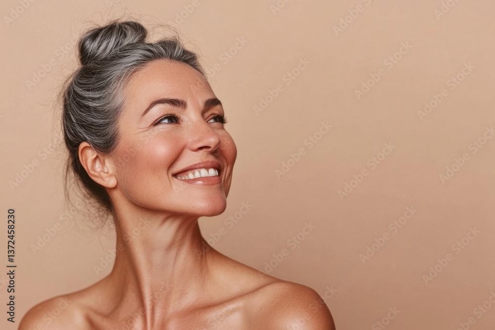 Portrait of a cheerful mature woman with gray hair smiling against a beige background. Generated AI Portrait of a cheerful mature woman with gray hair smiling against a beige background. Generated AI