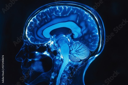 High-resolution side-view MRI scan showing detailed human brain structures, including cerebrum, cerebellum, and brainstem for medical analysis