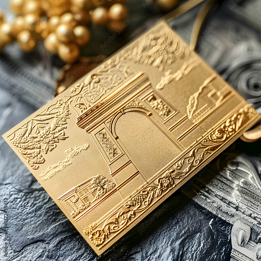 Fototapeta premium A decorative gold plaque featuring an arch and intricate designs.