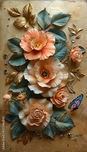 Wallpaper Mural A decorative relief of peach roses and leaves with a butterfly, showcasing floral artistry. Torontodigital.ca