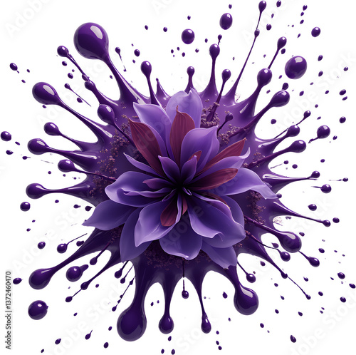 Purple Flower Paint Splash, transparent background. Artistic, vibrant.