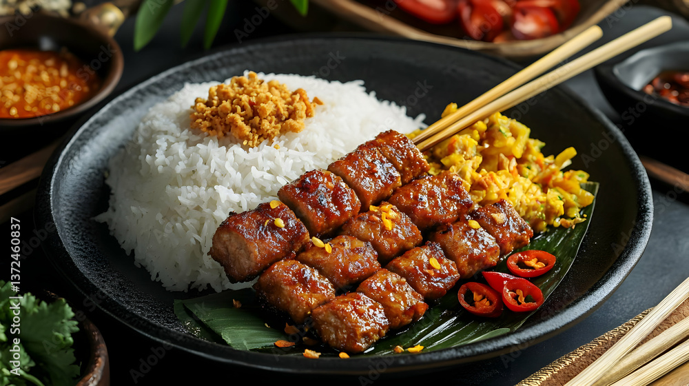 A delicious plate featuring grilled skewers, rice, and vibrant garnishes. A delicious plate featuring grilled skewers, rice, and vibrant garnishes.