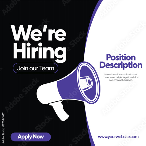 We Are Hiring creative social media post on black background, join our team announcement banner design. Hiring Recruitment open vacancy design. Hiring social media post, and creative ads design.