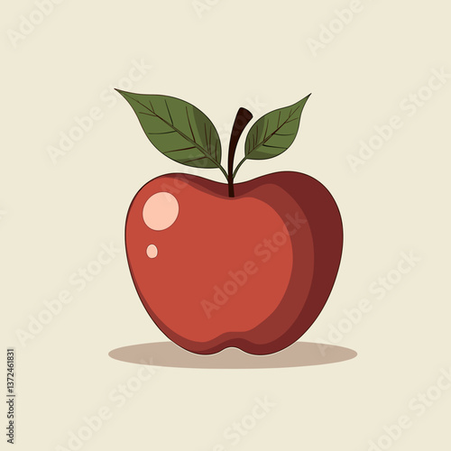 Illustrated red apple with leaves on beige background