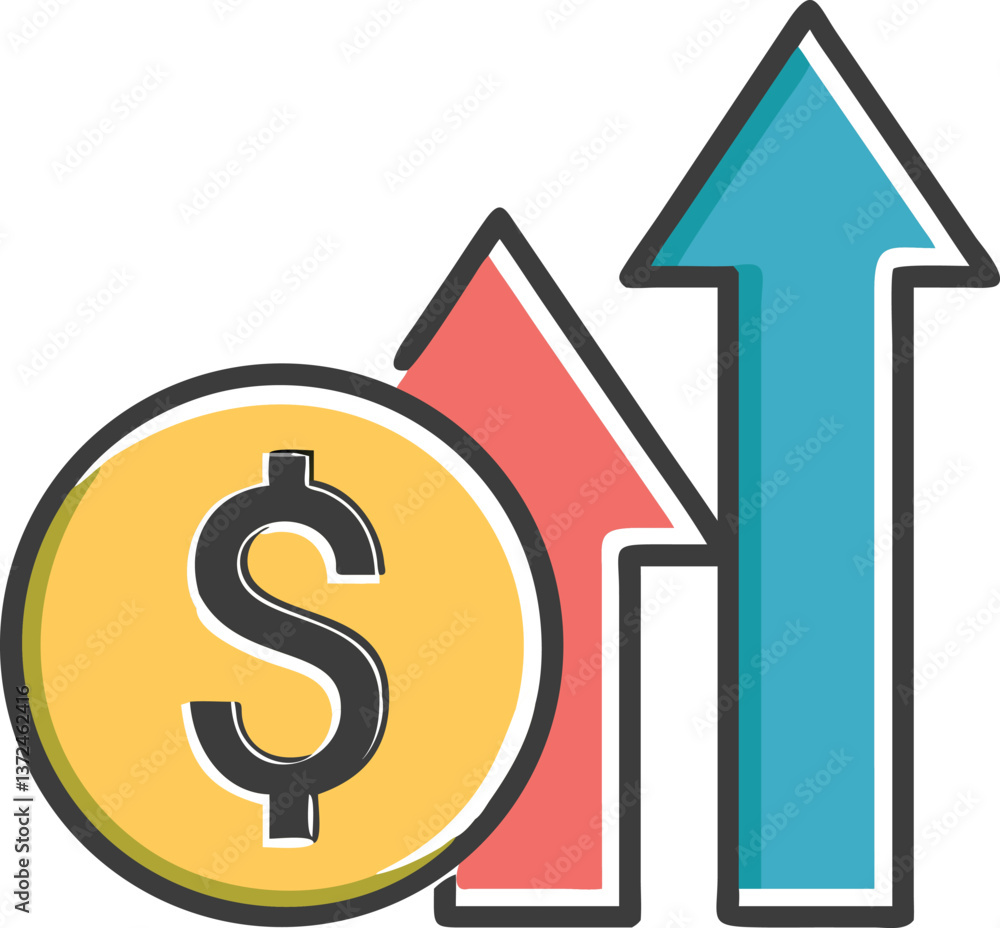 A dollar sign icon with an upward arrow representing a salary increase A dollar sign icon with an upward arrow representing a salary increase