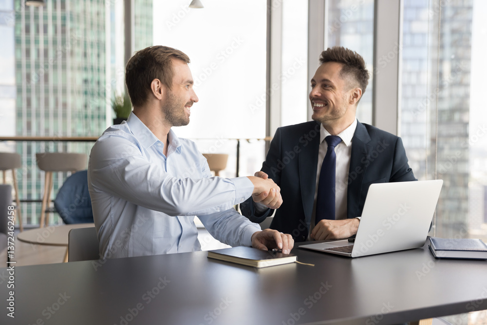 Two businessmen shake hands in modern skyscraper office, gesture symbolize closing deal, make agreement, conclude partnership, express mutual respect, thanking for professionalism finish consultation Two businessmen shake hands in modern skyscraper office, gesture symbolize closing deal, make agreement, conclude partnership, express mutual respect, thanking for professionalism finish consultation