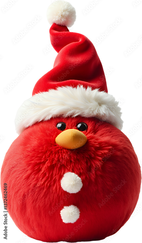 Red Plush Toy Bird in Santa Hat, Transparent Background, Holiday Decor Red Plush Toy Bird in Santa Hat, Transparent Background, Holiday Decor