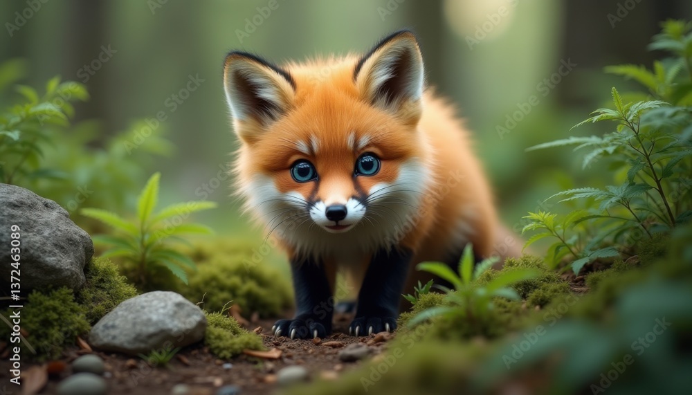 Fototapeta premium Fox Cub in Sunlit Woods