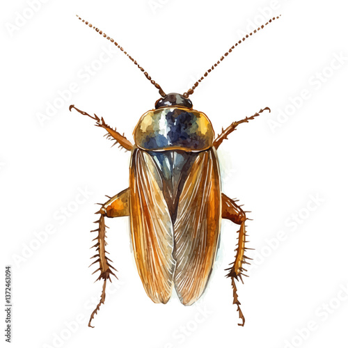 A watercolor of a cockroach, isolated on a white background. Cockroach vector.

