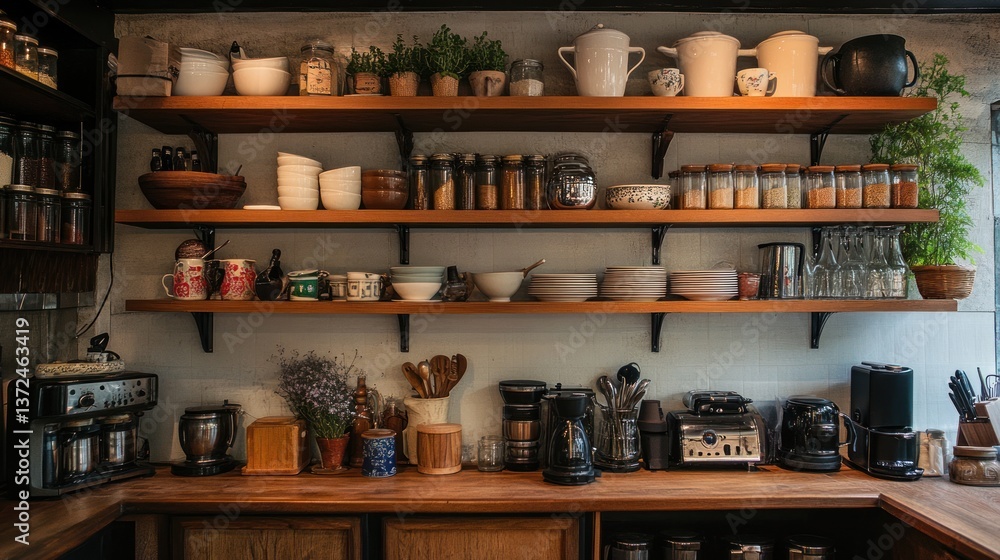 Organized kitchen shelves with various items, modern rustic style Organized kitchen shelves with various items, modern rustic style
