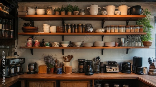 Wallpaper Mural Organized kitchen shelves with various items, modern rustic style Torontodigital.ca