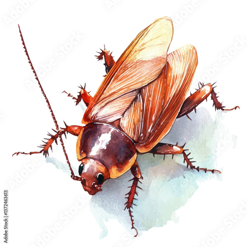 A watercolor of a cockroach, isolated on a white background. Cockroach vector.

