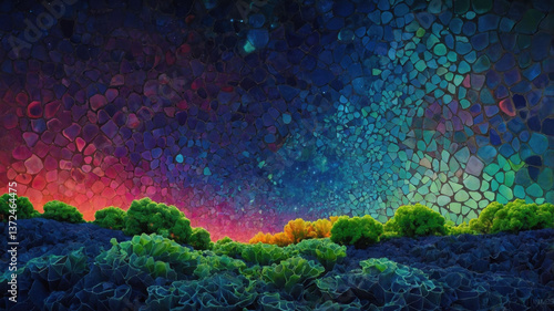 Vibrant mosaic forming a colorful sky over a surreal landscape at sunset