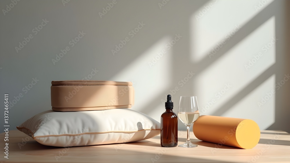 Minimalist still life with cosmetics, pillows, and a wine glass casting shadows. Minimalist still life with cosmetics, pillows, and a wine glass casting shadows.