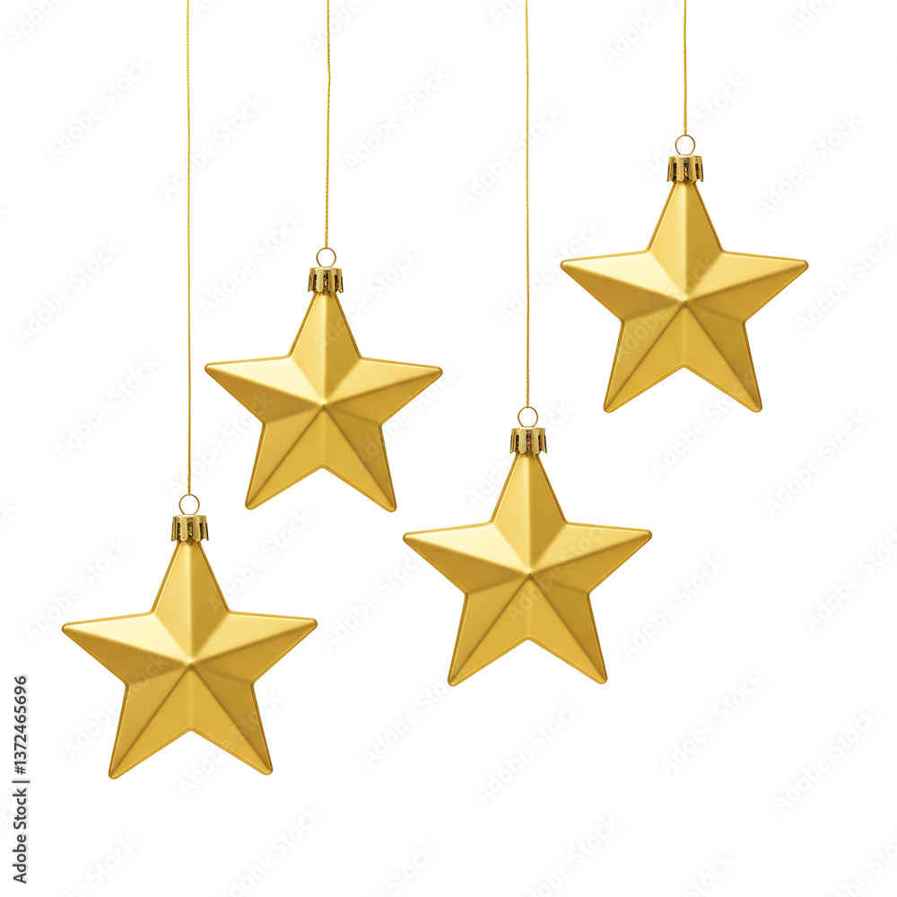 Four Golden Hanging Star Ornaments on Transparent Background Four Golden Hanging Star Ornaments on Transparent Background