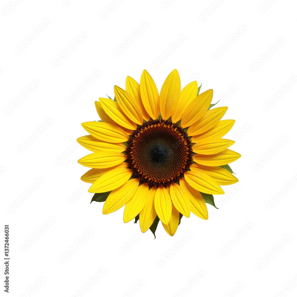 A vibrant sunflower with bright yellow petals and a dark center, isolated on a transparent background. A vibrant sunflower with bright yellow petals and a dark center, isolated on a transparent background.