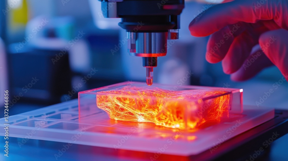 A bioengineer designing synthetic organs using a 3D bioprinter, sterile medical innovation lab with real-time holographic modeling, High-tech style A bioengineer designing synthetic organs using a 3D bioprinter, sterile medical innovation lab with real-time holographic modeling, High-tech style