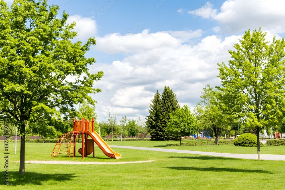 Fototapeta premium Playground with green grass, trees, blue sky, and fluffy clouds