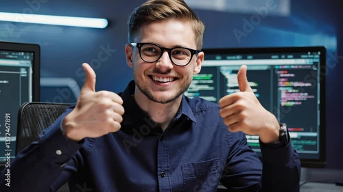 Handsome programmer in glasses sitting at table with monitors displaying code. Showing thumb up, as a sign of satisfaction in solving problems and creating innovative solutions in technology industry.