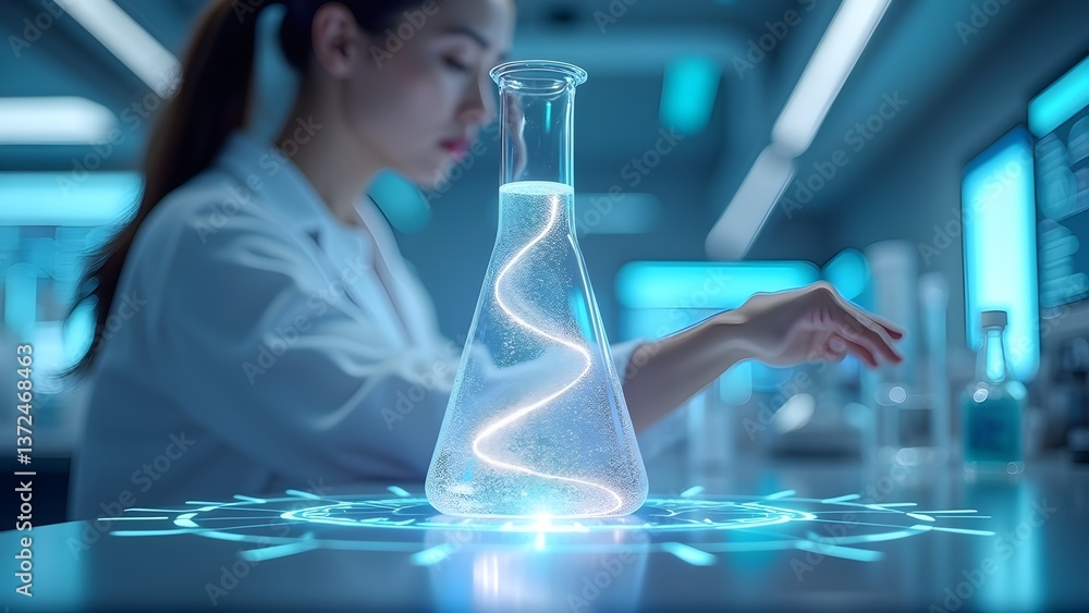 Woman in Lab Coat with Glowing Flask in Research Lab Environment. Woman in Lab Coat with Glowing Flask in Research Lab Environment.