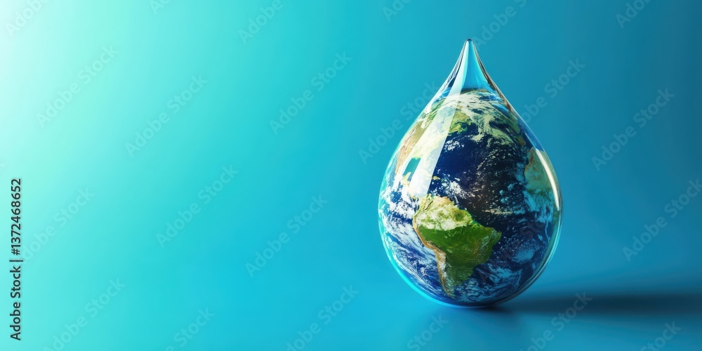 World water day. Planet Earth in the shape of a drop. beautiful waves on blue gradient background. World water day. Planet Earth in the shape of a drop. beautiful waves on blue gradient background.
