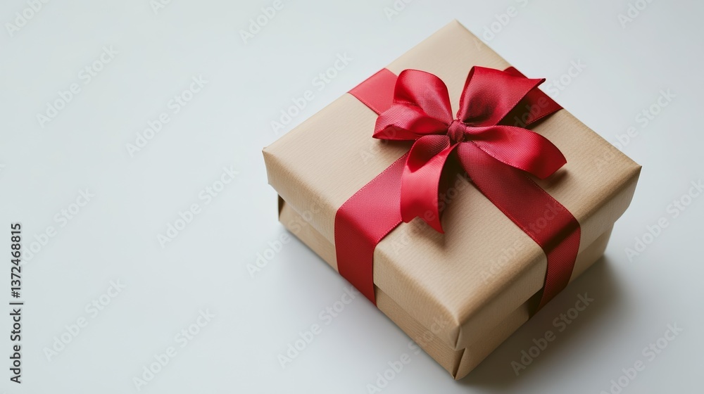 Beautifully presented gift box elegantly wrapped with a red ribbon on pure white backdrop Beautifully presented gift box elegantly wrapped with a red ribbon on pure white backdrop