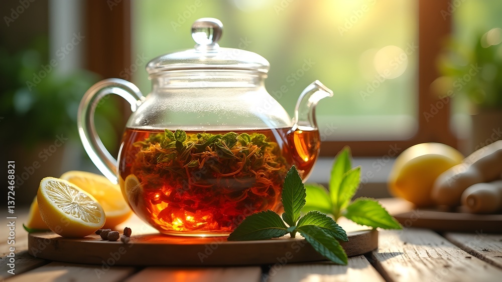 Invigorating Herbal Tea with Lemon and Ginger: A Refreshing Brew in a Glass Teapot Invigorating Herbal Tea with Lemon and Ginger: A Refreshing Brew in a Glass Teapot