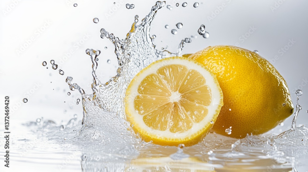 Dynamic Highspeed Photography of Vibrant Lemon Splash with Isolated Water Droplets on White Background Dynamic Highspeed Photography of Vibrant Lemon Splash with Isolated Water Droplets on White Background