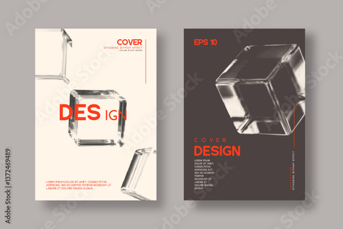 Set of Cards with Bitmap Dithering Cubes. Abstract Halftone Effect Geometric 3D Shapes. Trendy Retro Style. Vector.