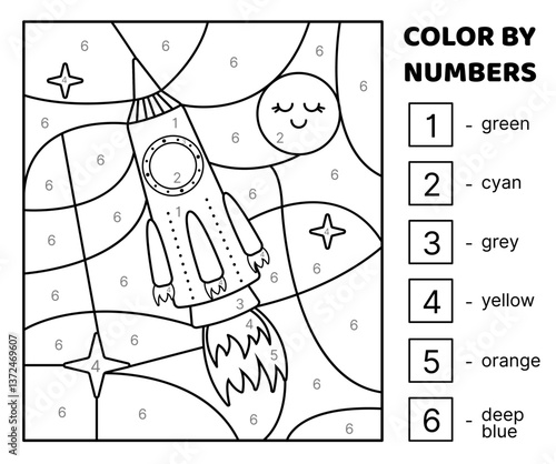 Color by number. Black and white. Green rocket, planet in space. Coloring page. Game for kids. Isolated vector illustration eps 10