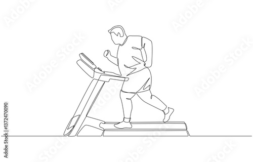 Continuous one line drawing of chubby man running on treadmill to lose weight, exercise for good health concept, single line art
