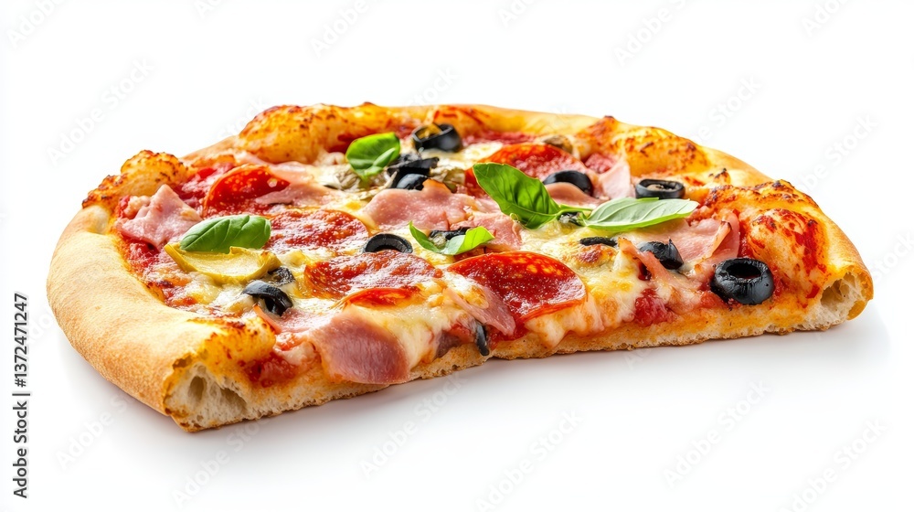 Realistic vibrant pizza slice food element captured on pristine white background for commercial use Realistic vibrant pizza slice food element captured on pristine white background for commercial use