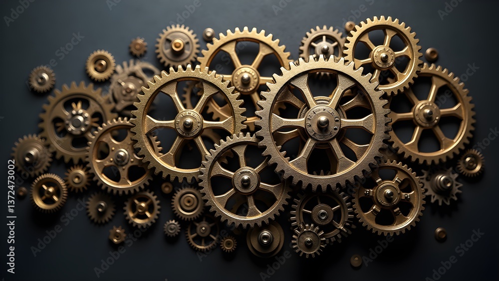 Fototapeta premium Gears and Cogs: Intricate Industrial Mechanical Metallic Machinery Parts