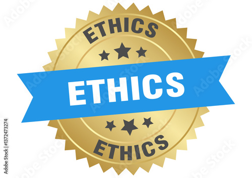 ethics. ethics round blue and gold label isolated on transparent background