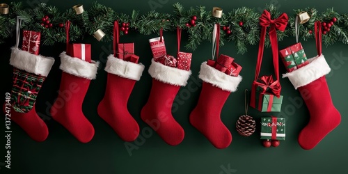 Vibrant red Christmas stockings hanging with gifts.