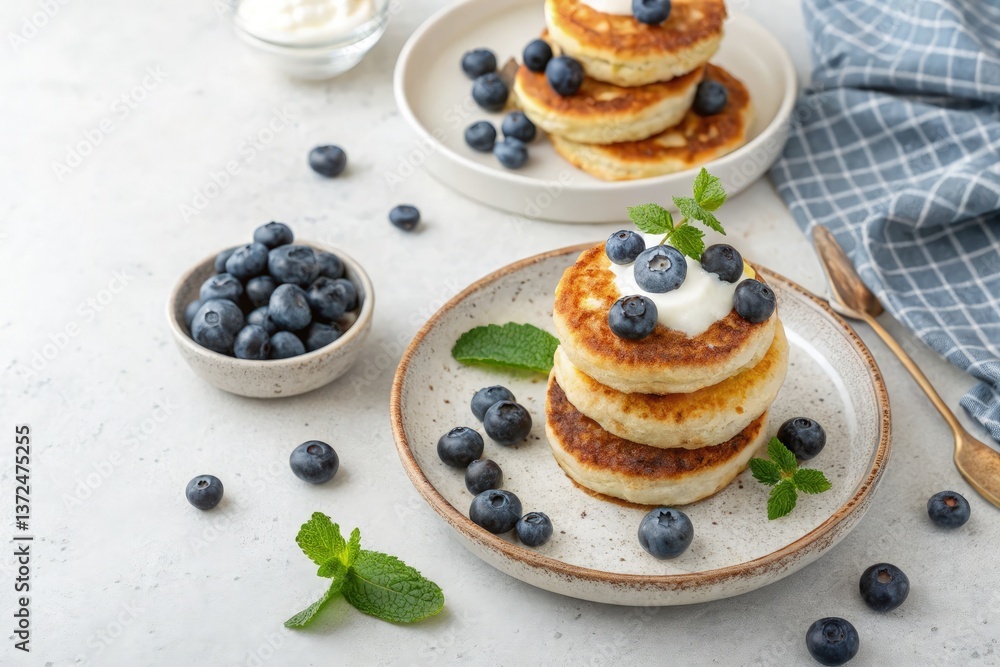 Top View of Fluffy Pancakes With Blueberries and Mint Leaves Generative AI Top View of Fluffy Pancakes With Blueberries and Mint Leaves Generative AI