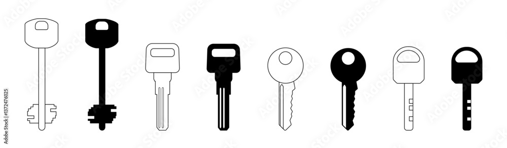 Keys set. Linear drawn and black silhouette isolated on a white background. Vector illustration and icon of key. Keys set. Linear drawn and black silhouette isolated on a white background. Vector illustration and icon of key.