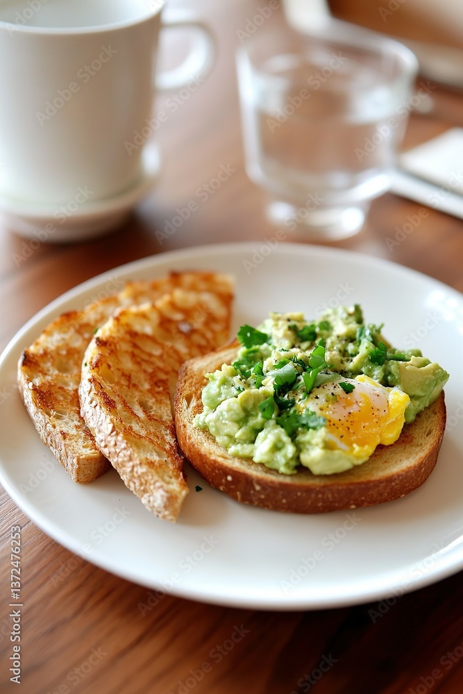 Avocado toast with a fried egg, and parsley, next to 2 toasts, a glass of water, and a white mug. Avocado toast with a fried egg, and parsley, next to 2 toasts, a glass of water, and a white mug.