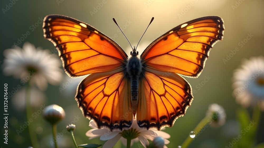 Fototapeta premium Macro View of Monarch Butterfly on Daisy with Detailed Wing Pattern, Antennae and Flower Petals.