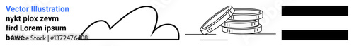 Cloud outline next to coin stacks equaling equality bars, representing digital economy and decentralized finance. Ideal for fintech, economy, technology, cloud computing, investments, equality