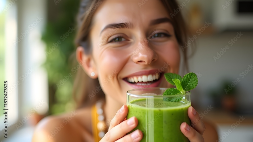 Woman Enjoying a Fresh Green Smoothie for Health and Wellness with a Mint Garnish Woman Enjoying a Fresh Green Smoothie for Health and Wellness with a Mint Garnish